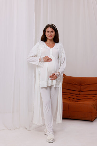 Yulem Homewear Ecru Lace Detailed Design Full Length Maternity Maternity Pajamas Set of 3