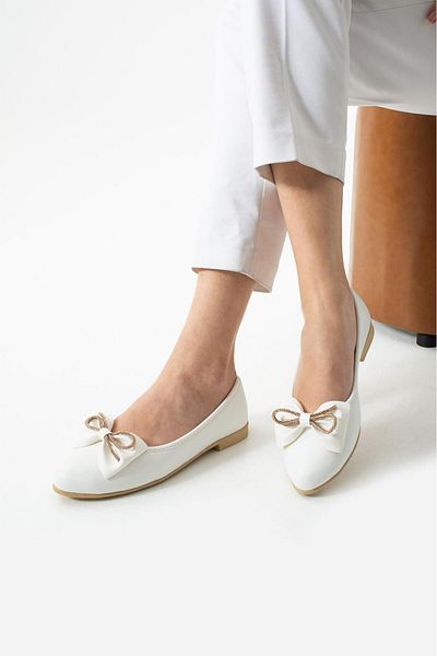 SWORD Ribbon Stone Detailed Ballerina Shoes | Bow Mother Shoes |   Casual Shoes - Skin Ballerina