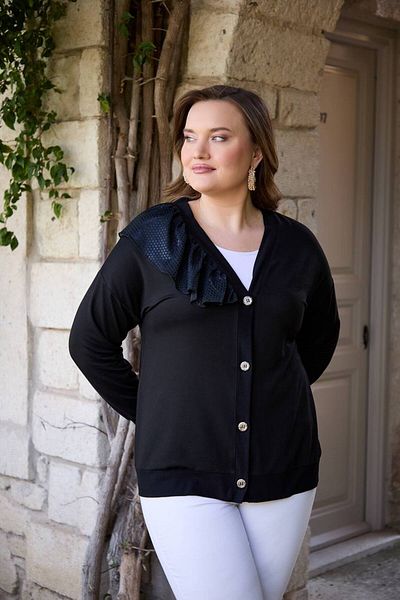Butik Ayseba Women's Black Ruffle Detailed V-Neck Plus Size Combed Cardigan