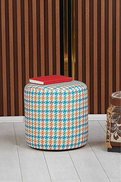 PUFYCO Renkli Kazayağı Desenli 40*40 Yuvarlak Puf