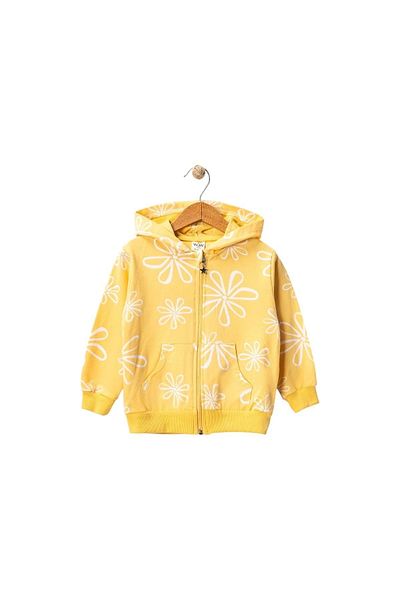 Babexi Floral Patterned Zippered Hooded Girl's Cardigan Yellow