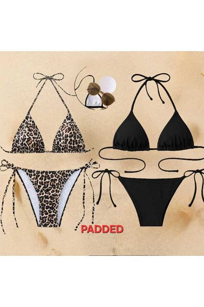 Stail Moda Women's Black Leopard 2-Piece Triangle Bikini Swimsuit with Side and Neck Tie Thong Nightdress Sea 2Set