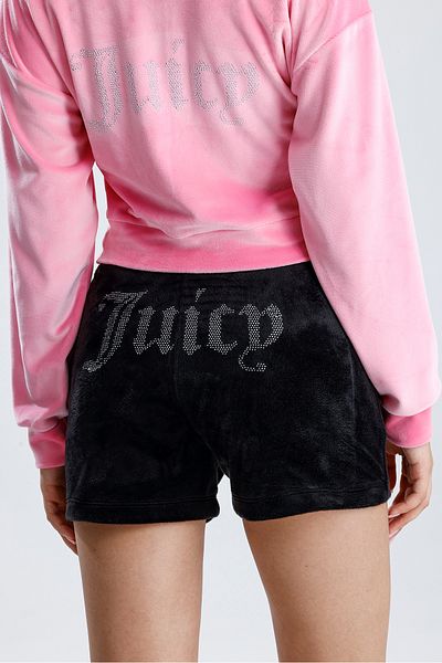 3 ROPE Pantaloni scurți din catifea pentru femei Juicy Rhinestone Stone Printed Negri