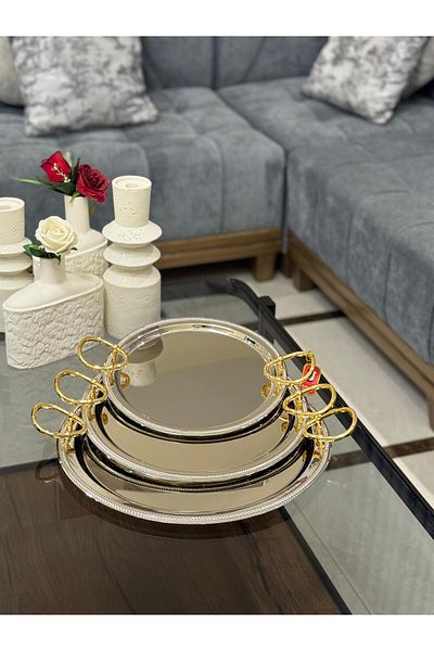 aljahwari 3-piece round serving tray set, two-tone nickel