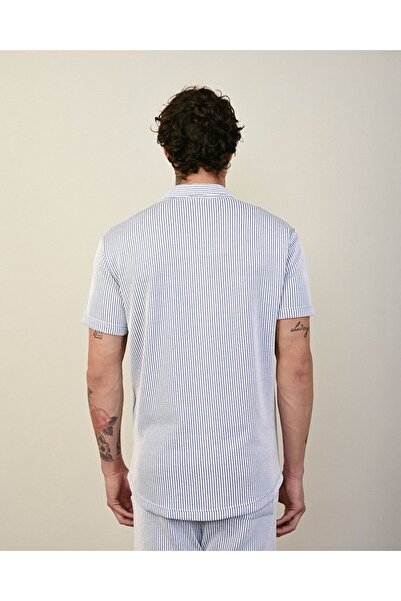 TÜZeMEN Apaş Collar Striped Short Sleeve Fabric Shirt