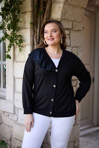 Butik Ayseba Women's Black Ruffle Detailed V-Neck Plus Size Combed Cardigan