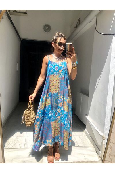 Gözde Tasarım Butik Women's Blue Color Ethnic Patterned 100% Viscosa Daily Dress with Adjustable Rope Strap Maxi Size