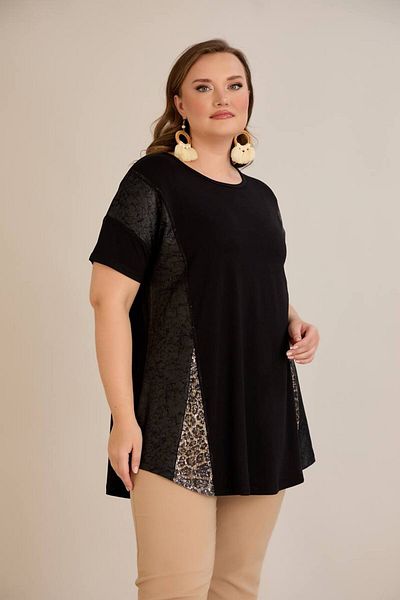 Butik Ayseba Women's Black Leopard Leather Detailed Bell Short Sleeve Plus Size T-Shirt