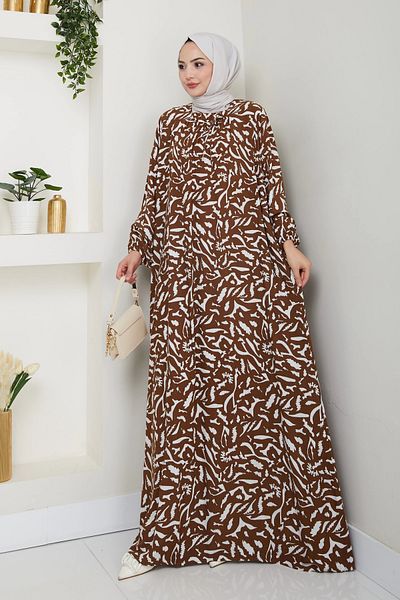 MSK Fashion Large Size Viscose Mother's Dress with Elastic Front Brown