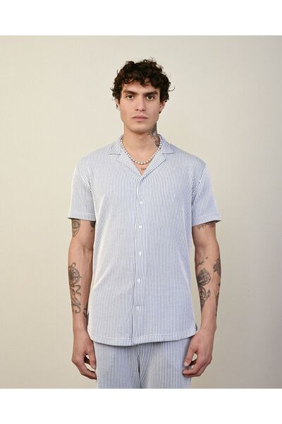 TÜZeMEN Apaş Collar Striped Short Sleeve Fabric Shirt
