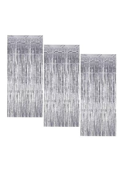 OEM Set de 3 perdele cu franjuri, 100 x 200 cm, folie, argintiu