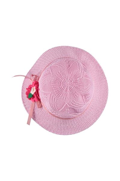 Balgüneş Tekstil 3/6 Years Girl's Bow Straw Flower Hat-50 cm Pink
