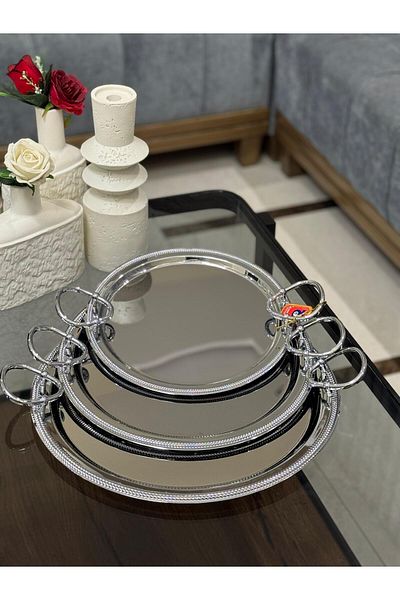 aljahwari 3-piece round silver serving tray set