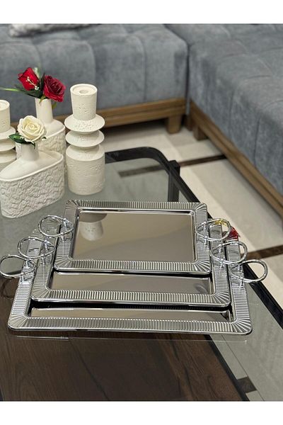 aljahwari 3-piece rectangular silver serving tray set