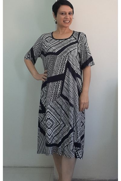 Mertcan Butik Short Sleeve Round Neck Black and White Print Combed Viscose Dress