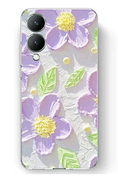TechTree Vivo Y17S Uyumlu Mor Papatyalar Sulu Boya Şeffaf Silikon Kılıf