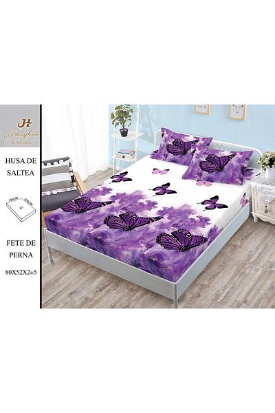 FIONNA.RO Elasticated Duvet Cover and Pillowcases Made of Finet 180x200cm - Purple with Butterflies