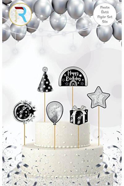 MFM Στολίδι για τούρτα με θέμα Happy Birthday γκρι 6 τεμαχίων