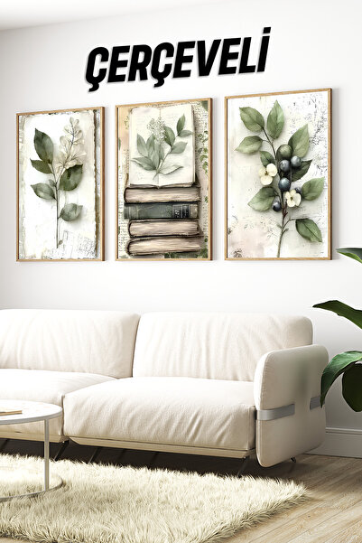 kutuTR 🌿 Kitap ve Doğa Temalı 3'lü Çerçeveli Tablo Seti🌿 CRV1095