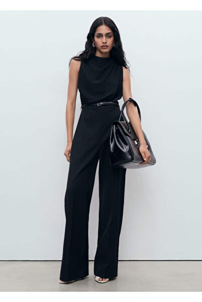 MANGO Woman Drape yaka ve kemerli uzun tulum