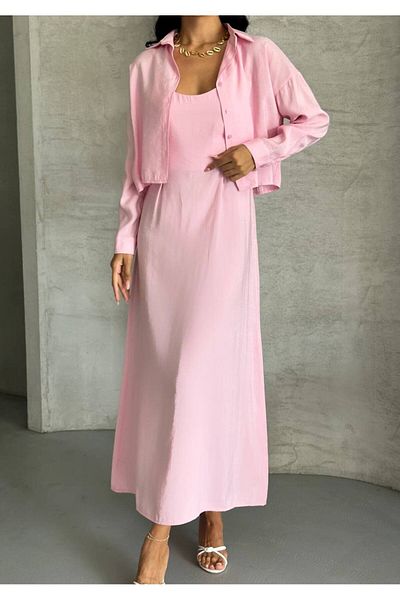 vesantia Women's Pink Premium Perry Cotton Tril Tril Fabric Shirt Long Dress Suit