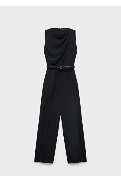 MANGO Woman Drape yaka ve kemerli uzun tulum