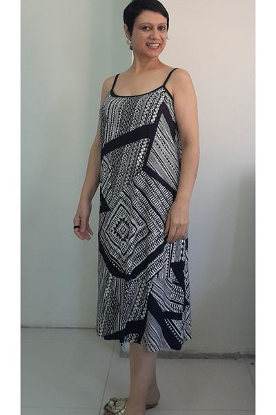 Mertcan Butik Black and White Print Rope Strap Combed Viscose Dress