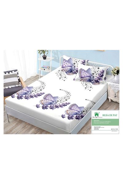 FIONNA.RO Elasticated Duvet Cover and Pillowcases Made of Finet 180x200cm - Lilac Flowers and Butterflies