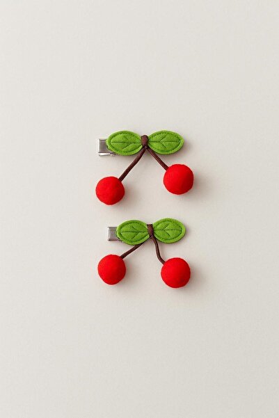Magu Girl's Cherry Figured Fabric Hairpin Set – Set of 2 Plush Fruit Detailed Hairpins