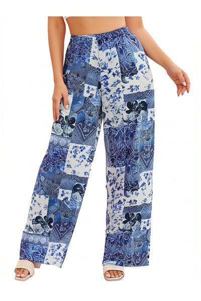 DHDmoda Women's Blue Patterned Elastic Waist Trousers