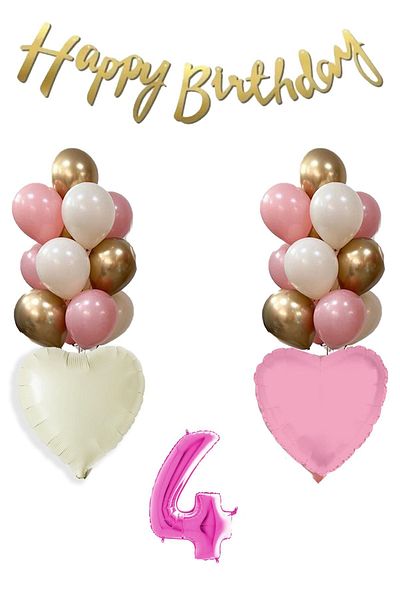 Atölye Mi 4 Year Old Pink Girl Birthday Concept 16Inch Pink Figure Happy Birthday Banner Set