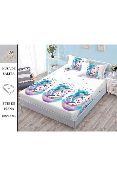 FIONNA.RO Elasticated Duvet Cover and Pillowcases Made of Finet 180x200cm - Dolphins and Colorful Hearts