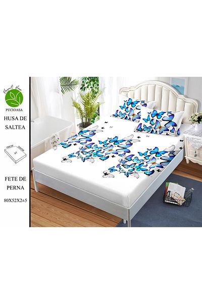 FIONNA.RO Elasticated Duvet Cover and Pillowcases Made of Finet 180x200cm - Turquoise Butterflies