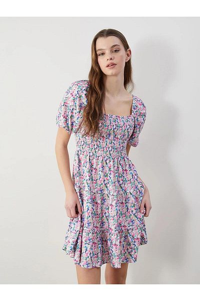 LC Waikiki LCWAIKIKI Rochie clasică cu mâneci balon florale cu guler pătrat (S5)