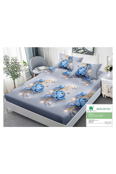 FIONNA.RO Elasticated Duvet Cover and Pillowcases Made of Finet 180x200cm - Blue Flowers