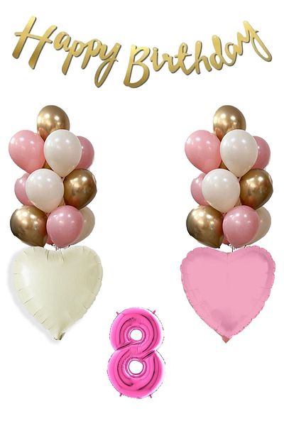 Atölye Mi 8 Year Old Pink Girl's Birthday Concept 16Inch Pink Figure Set with Happy Birthday Banner