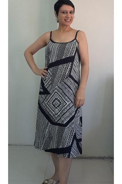 Mertcan Butik Black and White Print Rope Strap Combed Viscose Dress