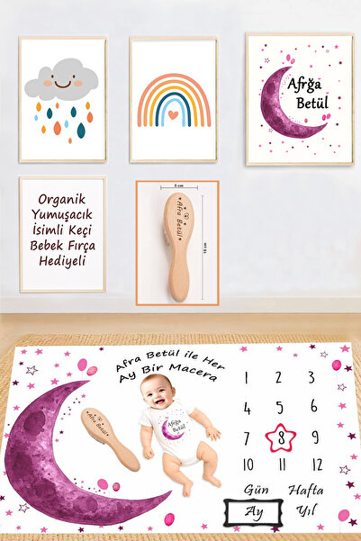 Sitilin Kız Bebek Hediyelik İsimli Aylık Anı Battaniyesi, Organik Fırca Yenid...