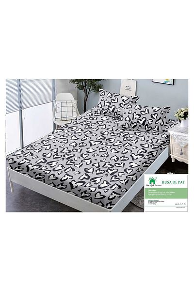 FIONNA.RO Elasticated Duvet Cover and Pillowcases Made of Finet 180x200cm - Grey with Black Hearts