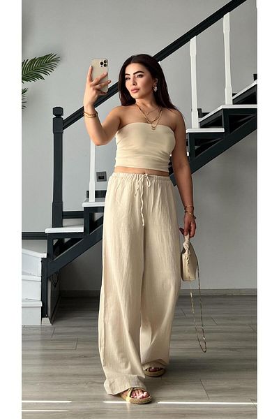 Oslove Stone Half-Lined Waist Tie Linen Trousers