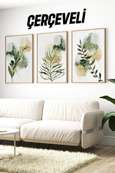 kutuTR 🌿 Yeşil Tonlarda Suluboya Bitkiler Temalı 3’lü Çerçeveli Tablo Seti �...