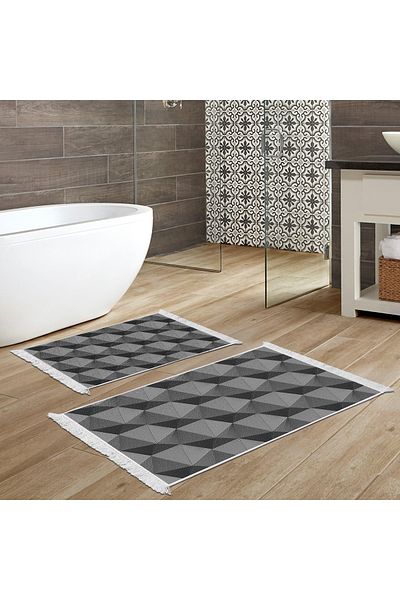 Dekoreko Non-Slip Base Djt Toilet Set Earth Fringed Geometric E5010 Gray