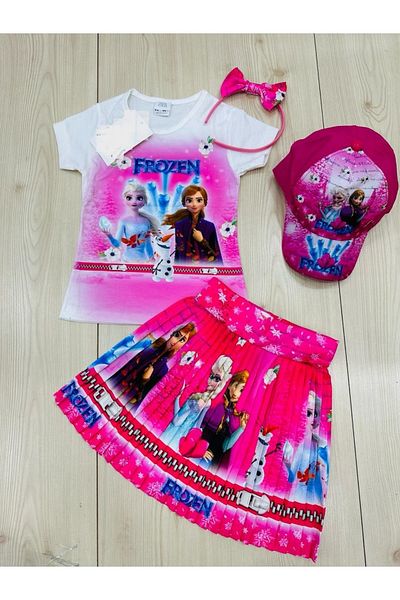 DerinHome Frozen Elsa Anna Girl's T-Shirt Skirt Crown Hat Suit New Season