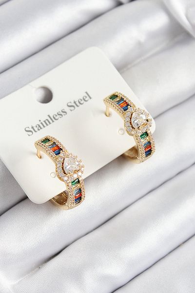 Clariss 316L Steel Colorful Zircon Stone Heart Baguette Ring Model Gold Color Women's Earrings