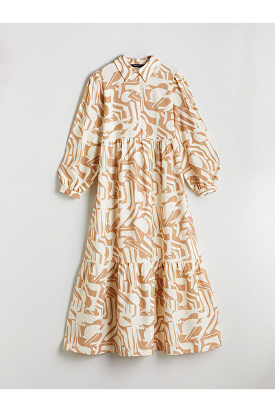 LC Waikiki LCW Modest Bej Cămașă Guler Model Balon Mâneci Rochie Folded