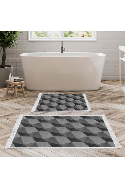 Dekoreko Non-Slip Base Djt Toilet Set Luna Cotton Fringed Geometric E5010 Gray