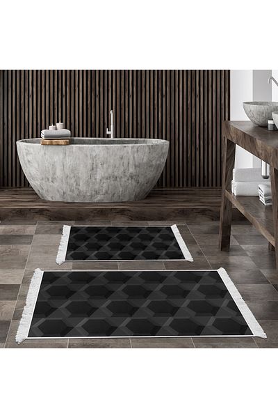 Dekoreko Non-Slip Base Djt Toilet Set Palace Leather Fringed Geometric E5016 Black