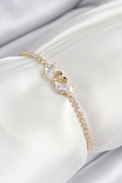 MÇ Plus Brass Zircon Stone Swan Model Gold Color Elevator Women's Bracelet