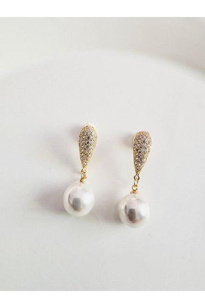 DEVİ fashion Gold Pearl Earrings with Zircon Stone 3 cm