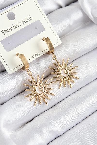 SeyCey.co 316L Steel Zircon Stone Dangle Sun Model Gold Color Women's Earrings